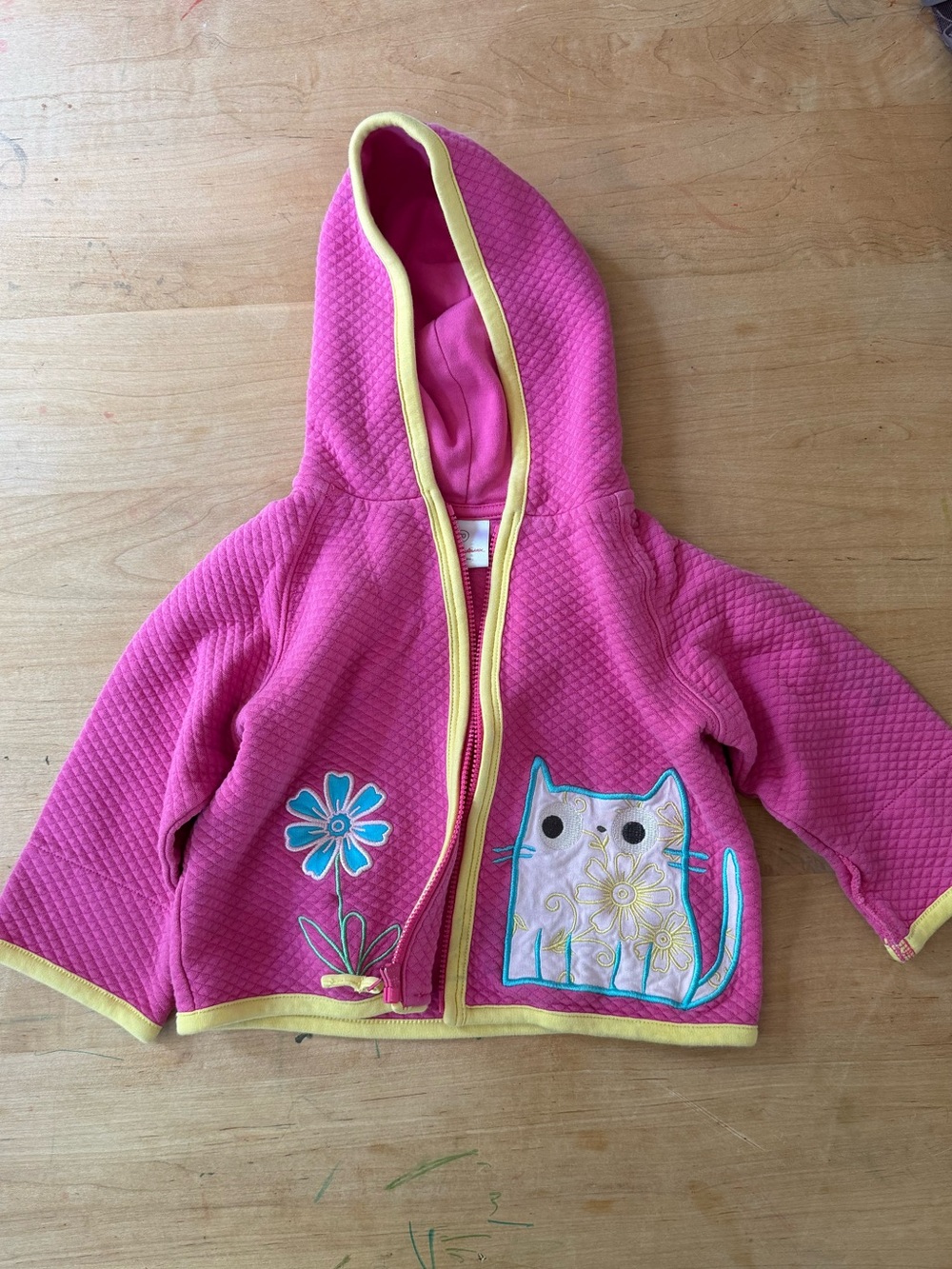 VGUC Hanna Andersson Pink Hooded Baby Jacket with Cat & Flower Appliqué